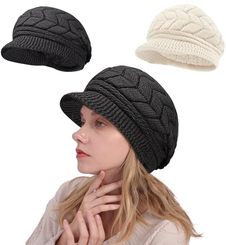 JSTHHTT 2PCS Damen WintermüTze StrickmüTze, Warme WintermüTze, GefüTterte Basken MüTze, Warm Slouchy MüTze Mit Visier, Weichem Innenfutter