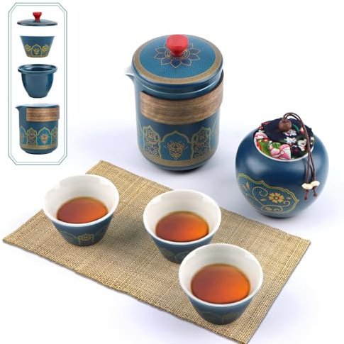 Japanisches Teekanne Set,Tragbar Japanisches Teeservice,Travel Porcelain Tea Set aus Keramik,1 Teekanne (250ml/8.5oz) + 1 Teekanister (180ml/6oz) + 3 Teetassen (46ml/1.6oz),Porzellan Teeservice