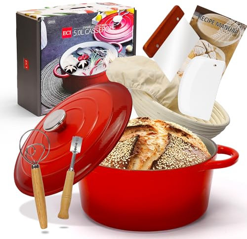 Forno olandese in ghisa smaltata con cestello per lievitazione, pentola antiaderente da forno, forno olandese rosso per brasare, stufati, arrostire e cuocere il pane, 5 litri-26 cm