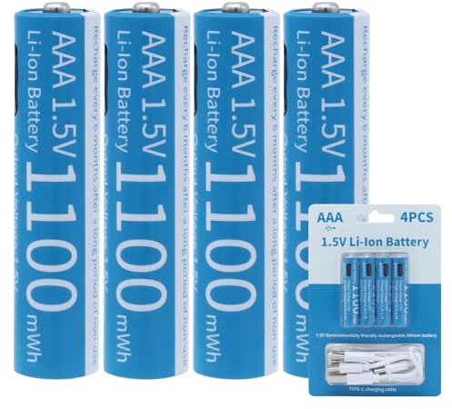 Tosiicop AAA Rechargeable Lithium Batteries - 4 Pack USB-C Rechargable Li-Ion Battery 1.5V 1100mWh with 4 in 1 USB to Type-C Charger Fast Charging Cable High Output (AAA 1100mWh Battery)