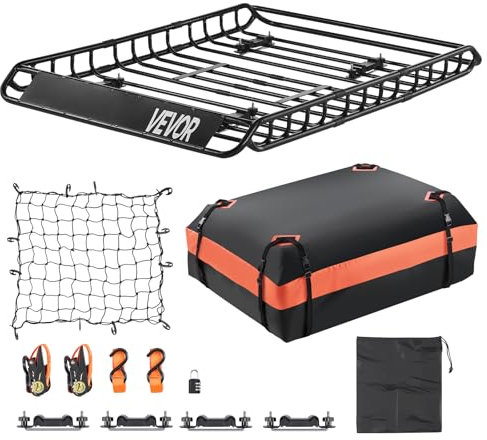 VEVOR Porte-bagage pour voiture, 1300 x 910 x 105 mm, panier de toit universel en acier allié avec sac de chargement de 1120 x 870 x 260 mm, filet et sangles à cliquet, charge 90,7 kg, pour SUV Camion