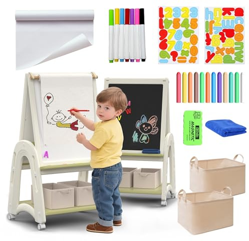hoopyosms Chevalet Artistique 3-en-1 pour Enfants avec Rouleau de Papier, Tableau Double Face avec Tableau Blanc et Ardoise, Hauteur Réglable, avec Accessoires de Dessin, Vert