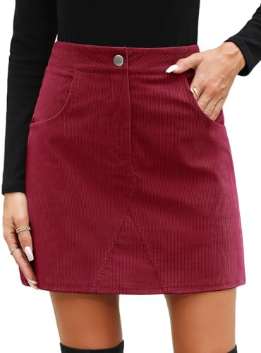 heekpek Mini Jupe Velours Cotelé Taille Haute Jupe Courte Femme Automne Hiver Vintage Coupe Ajustée Élégant A-Ligne Jupes Courte avec Poches, Bourgogne, XL