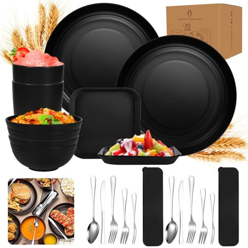 20PCS Camping geschirr Set 2 Personen,Plastikgeschirr mit Edelstahl Campingbesteck,Unzerbrechliches Geschirr Set,Leicht und Wiederverwendbar für Picknick BBQ Garten,Spülmaschinenfes(Schwarz)