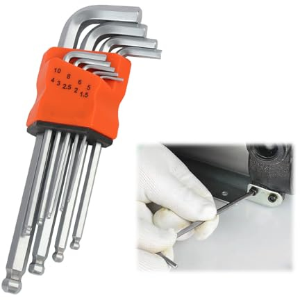 Jeu de 9 Clés Mâles Coudées 6 Pans Creux avec Tête Sphérique, en Acier Chrome Vanadium, Idéal pour Vis Difficilement Accessibles, Tailles de 1,5 à 10 mm, clé allen Avec Support de Rangement