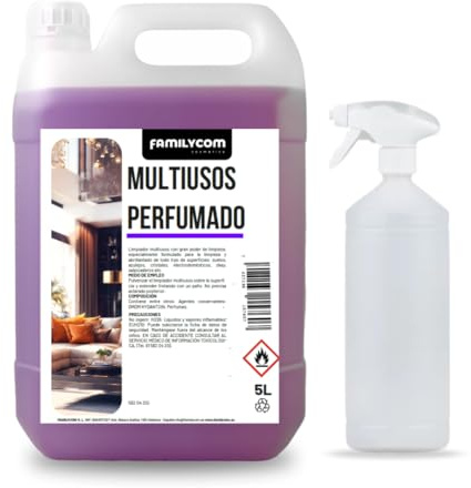 FAMILYCOM - Limpiador Multiusos Profesional con Pulverizador - 5L - Perfumado y Concentrado - Limpieza de Cristales, Cocina, Baño y todo tipo de Superficies.