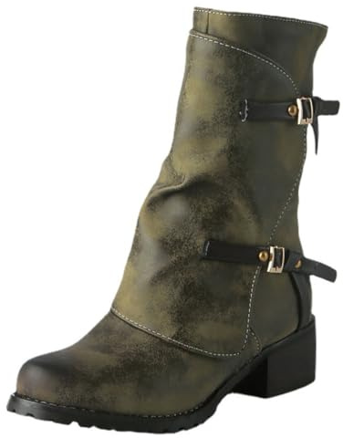 Stivali metà Polpaccio da Donna Punta Arrotondata Cerniera Retro Biker Stivali con Fibbia,Verde,35 EU