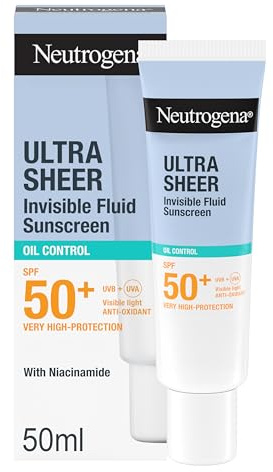 Neutrogena Ultra Sheer Crema Solar Invisible Oil Control SPF50+, 50 ml | Protector solar facial 50, Protección UVB/UVA, Acción Seborreguladora, Piel Grasa/Acneica, Resistente al Agua, Hipoalergénica