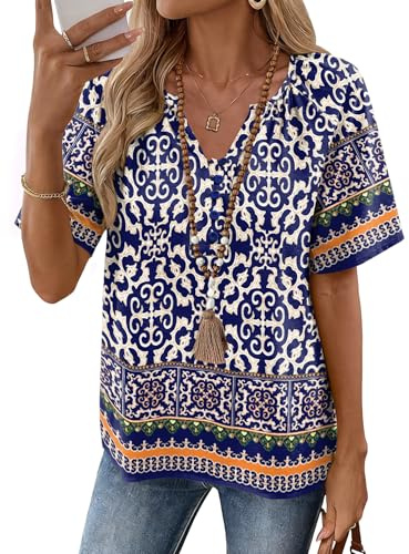 Rapbin Ladies Summer Tops V Neck Short Sleeve Cotton Linen Blouse Blue XXL