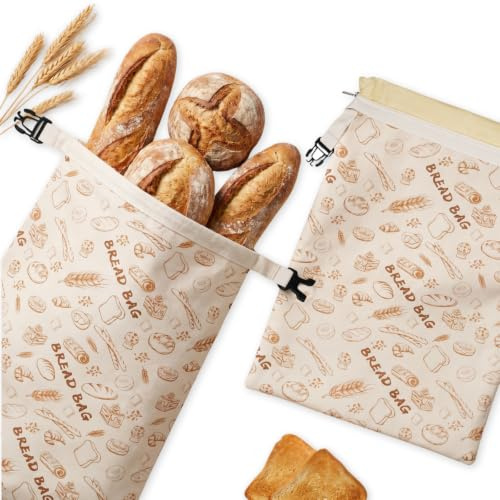 Set di 2 sacchetti per il pane in cera d'api con chiusura lampo, 33 x 43 cm, in cotone, riutilizzabili, per pane e prodotti da forno, adatti per frigorifero e congelatore