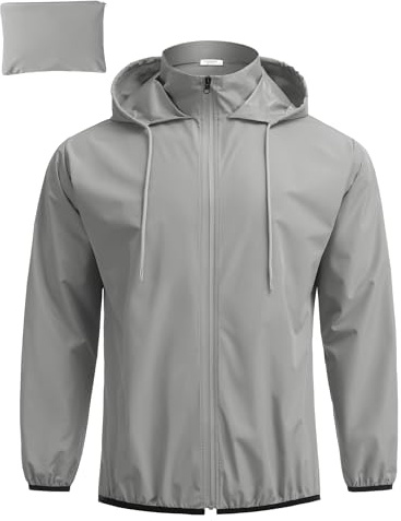 COOFANDY Rain Jackets for Men Lightweight Rain Coat Rain Shell Waterproof with Hood Trench Raincoats Light Gray Large