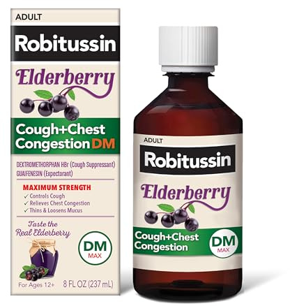 Robitussin Maximum Strength Elderberry Cough Plus Chest Congestion DM, Cough Suppressant for Adults, Providing Liquid Cough and Chest Congestion Relief - 8 Fl Oz