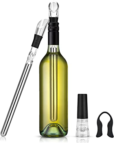 Cieex 4-in-1 Weinkühler Set, Weinkühlstab aus Edelstahl mit Ausgießer & Flaschenverschluss, Flaschenkühler Dekanter Wein Zubehör, Bar Geschenk Frauen Männer, Rot-Weißwein Weinliebhaber