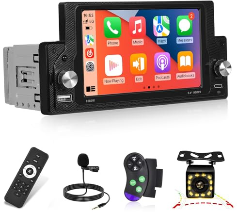 Radio de Coche 1 DIN con Inalámbrico Carplay y Android Auto, Radio con Pantalla Táctil 1280 * 720P de 5,9 Pulgadas con Enlace Espejo, EQ, Radio FM, Bluetooth, Puerto USB/Tipo-C + Cámara de Seguridad