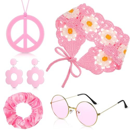 Hippie Accessoires, 5 PCS Hippie Zubehör Damen, Hippie Kostüm Zubehör, Flower Power Accessoires, 70er Jahre Accessoires mit Hippie Brille, Peace Kette, Ohrringe, Haarschmuck für Karneval (Rosa)