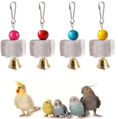 UngVeil 4PCS Bird Teeth Grinding Chew Treats Toy with Bell Beak Grinding Stones Toys Parrot Cages Training Hanging Chew Toys Bird Cage Accessories for Parakeets