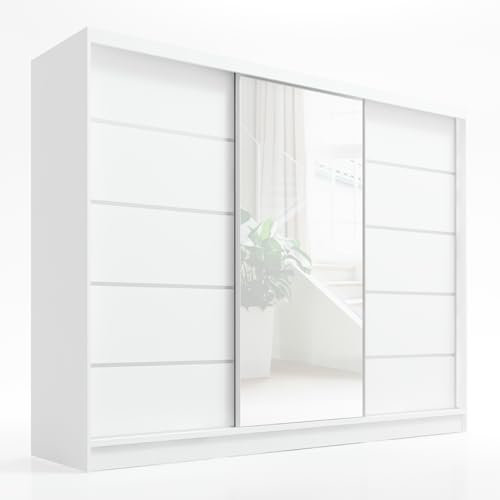 A&J MöbelLand Kleiderschrank Aurelia 1 – Schwebetürenschrank 200 cm breit mit Spiegel, 3-türig, Kleiderschrank mit Schubladen, Schiebetürenschrank für Schlafzimmer oder Garderobe