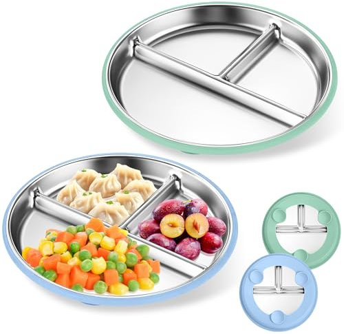 EOPUOZS Kinder-Teller aus Edelstahl mit Saugnapf und Silikon-Hülle, 23 cm, unzerbrechlich, nicht rutschig