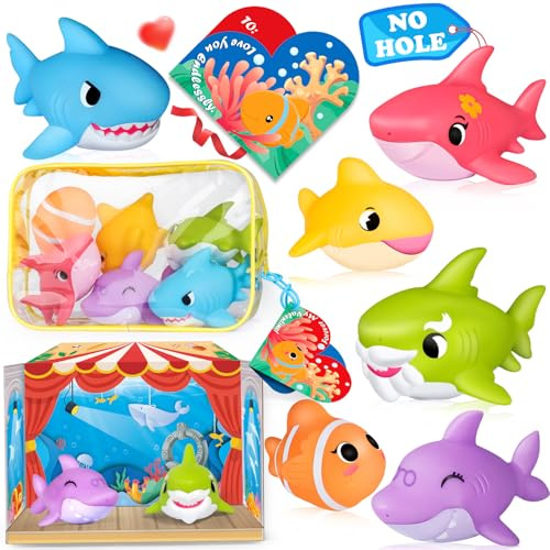 sans Trou Jouet Bain Bébé 1 2 3 4 Ans, sans Moisissures Famille de Requins Shark Jouet de Bain pour Bebe Enfant, Lot de 6, Idée Cadeau