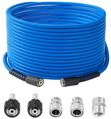 1/4'' M22 3600PSI 15M Manguera Hidrolimpiadora, con 5 Racores Rápidos - Manguera de Alta Presión Azul para Lavadora a Presión