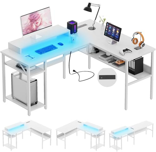 iSunirm L Shaped Desk, Gaming Desk with LED Lights, Reversible Computer Desk with Storage Shelves, Corner Table with Monitor Stand for Home, Office,White