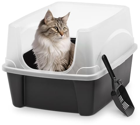 Iris Ohyama Vassoio per Lettiera per Gatti con Paletta, Nero, Facile da pulire, Box per gatti, Pareti Rimovibili, Per Gattini, Gatti Adulti, Conigli, Senza BPA, Tetto Aperto, DDCLH-12