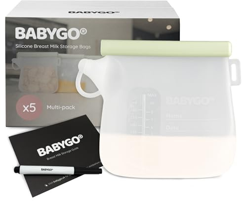 BABYGO® Reusable Silicone Breast Milk Storage Bags – BPA-Free, Leak-Proof, Freezer & Dishwasher Safe, Easy Pour Spout, Stand-Up Eco-Friendly Breastmilk Storage Pouches for Adult Use (5 Pack)
