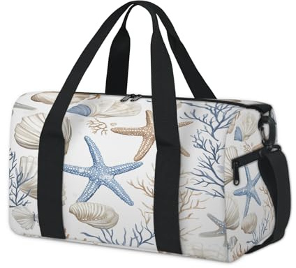 Adornori Nautical Coastal Travel Duffle Bag Sports Yoga Weekender Overnight Workout Bags Ocean Beach Seashell Starfish Themed Lightweight Waterproof Gym Tote Bag for Women