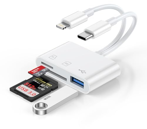 SD Kartenleser für iPhone, Lightning auf SD Card Reader iPhone Speicherkartenleser mit SD/MicroSD/USB 3.0 Anschluss, USB C auf SD Karten Adapter für iPhone 17/16/15/14/13/12/11, Pad, Samsung, Android