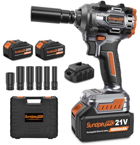SundpeyPRO Avvitatore a Impulsi Brushless 1000 Nm, 21V Avvitatore a Percussione con 2 Batterie 4.0Ah, Avvitatore ad Impulsi 2800 RPM con 6 Bussole e Caricatore Rapido e Luci a LED per Auto e Casa
