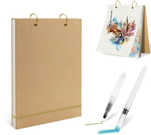 Roosea Carnet de Croquis A5, 60 Feuilles de Papier Aquarelle 188 g/m²avec 2 Pinceau à Eau, Couverture Rigide et Anneaux Amovibles pour Aquarelle, Acrylique, Dessin, DIY Loisirs Créatifs