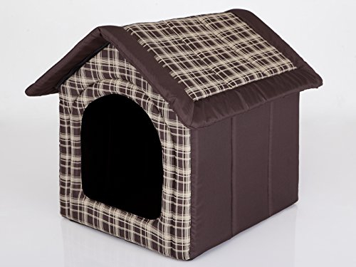 HobbyDog Hundehaus Hundehütte für mittelgroße Hunde - Katzenhaus, Katzenhöhle - mit herausnehmbarem Dach - Tierhaus für Katzen und Hunde für Drinnen/Indoor 60 x 55 x 60 cm [XL] Braun in Karierte