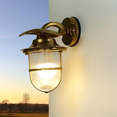 Licht-Erlebnisse Wandaußenleuchte Messing Riffelglas in Messing IP64 Terrasse Haus T:20 cm E27 max. 18W Rustikale Laterne Maritime Außenlampe Garten