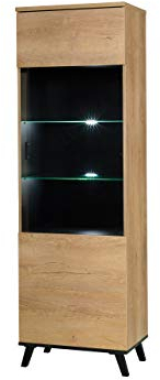 Vitrine John JN02, Praktischer Standvitrine, Vitrinenschrank, Stauraumvitrine, Wohnzimmer Schrank, Glasvitrine, Hochschrank, Standvitrine (Seite: Rechts, Eiche Lefkas / Schwarz, ohne Beleuchtung)