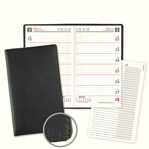 Lederkalender Taschenkalender 2026 aus Leder als Wochenübersicht Sonn- und Feiertage in Rot mit 8-seitigen Adressheft