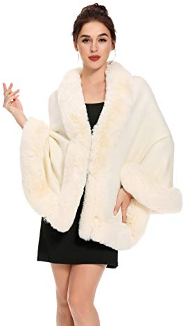 ZLYC Damen Winter Kunstpelz Poncho Cape Strick Schal Stola Warm Cardigan (Beige),Einheitsgröße