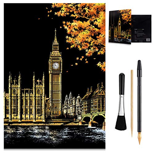 London Scratch Art Set for Teens & Adults, Rainbow Big Ben Scene | 16 x 11.2 in Engraving Boards with Pre-Printed and Blank Designs, Plus Tools for Desktop Crafting, Display and Gifts