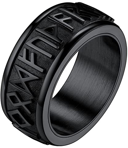 FaithHeart Viking Runes Spinner Ring for Men Punk Biker Band Solid Stainless Steel Black Fidget Ring s for Anxiety Size S