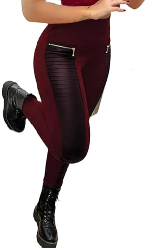Flamingals Faux Leather Mid Waisted Tummy Control Motorcycle Leggings for Women Stretchy with Pockets Patch Zip Burgundy L