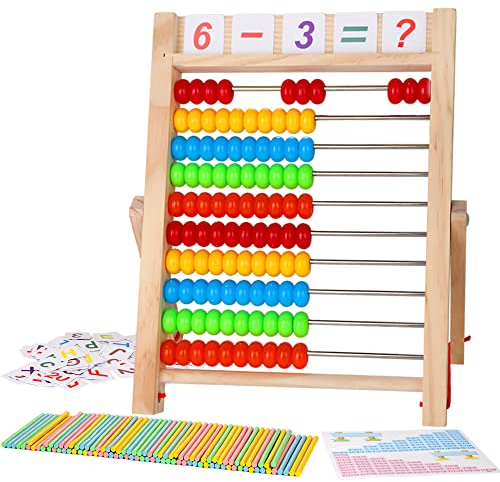 WOODMAM Grundschule Rechenschieber Abakus pädagogisches Zählspielzeug mit Zählstäben und Zahlen-Alphabet-Karten, Vorschul-Lernspielzeug Geschenk für Jungen Mädchen ab 3 Jahre alt