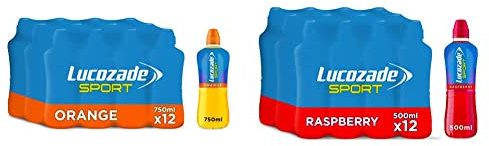 Lucozade Sport Isotonic Drink Orange Flavour with Sugars and Sweetener - 750ml |Pack of 12 & Sport Raspberry, 500 ml (Pack of 12)