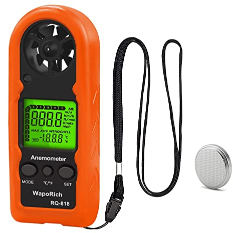 Mini Anemometro Portatile, WapoRich RQ-818 Misuratore Digitale della Velocità del Vento con Retroilluminazione LCD Misurazione della Velocità/Temperatura del Vento per Surf, Pesca, Meteorologia