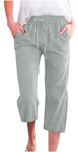 oglccg Womens Capris Trousers 3/4 Pants Cotton linen Elastic High Waist Cropped Pants Drawstring Summer Autumn Solid Color Pockets Loose Pants Straight Wide Leg Trousers Outdoor, Mint Green, XL