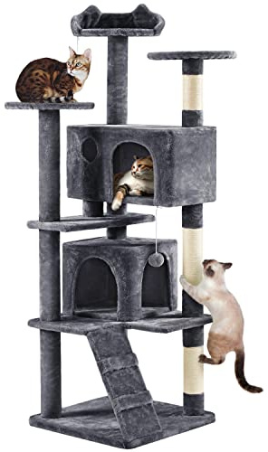 Yaheetech Albero Tiragraffi per Gatti 178 cm con 3 Posatoi 2 Palle 2 Condomini 3 Tiragraffi a Corda di Sisal Gioco Giocattolo Grigio Scuro