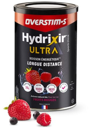 Overstim.s - Boisson énergétique Hydrixir Ultra (400g) - 3 sources de glucides - 4 électrolytes - 6 vitamines - BCAA + Glutamine - Bicarbonate de sodium - Saveur peu sucrée - Fruits rouges