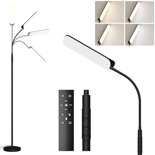 Nulmvic Lampada da Terra LED Dimmerabile: 18W Piantana 4 Temperature di Colore e 4 Luminosità con Telecomando - Timer 1H - Lampada da Salotto a Collo d'Oca Flessibile (Nero)