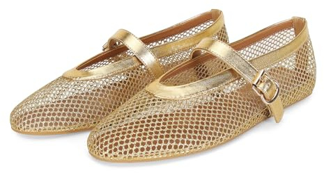 DOEYG Ballerine da donna in rete con cinturino con fibbia, comode, casual, con tacco piatto, Oro, 39 EU