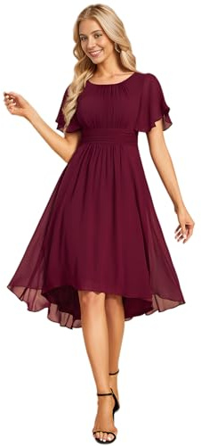 Ever-Pretty Abito Cerimonia Donna Maniche a Volant Chiffon Pieghe al Ginocchio Abito da Sera Elegante Borgogna 44