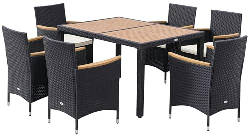 Outsunny Set Tavolo e Sedie da Giardino 7 Pezzi in PE Rattan e Legno, Mobili da Esterni con Cuscini Morbidi, Nero