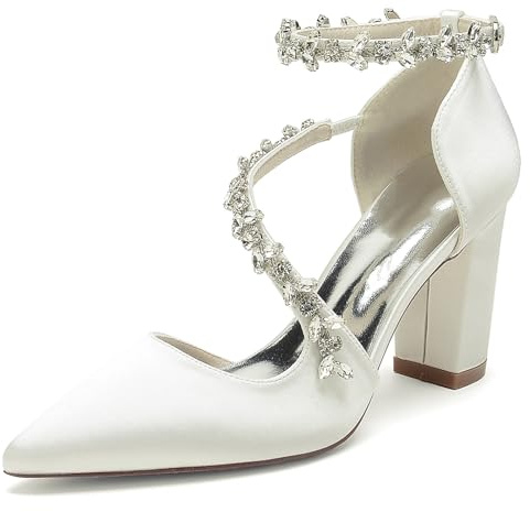 HFWXYSA Women's Bridal Shoes Block Heel Rhinestones Strappy Pumps Pointed Toe Satin D'Orsay Party Wedding Dress Shoes,Ivory,5 UK